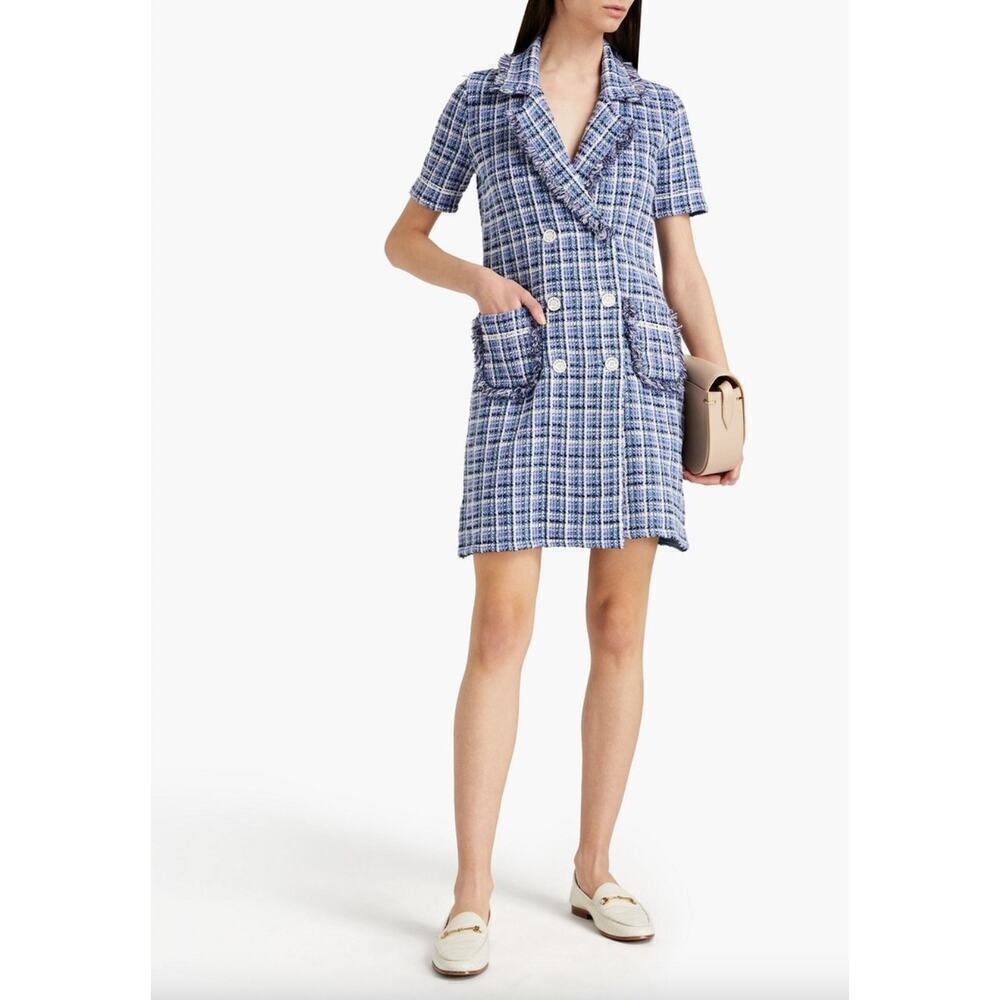 EUC $445 Sandro Blue Double Breasted Checked Tweed Dress